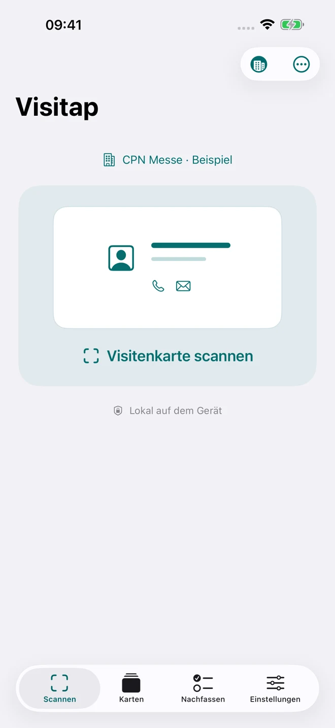 Visitap-Startseite mit der zentralen Aktion Visitenkarte scannen und optionalem Messemodus